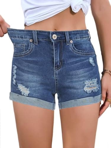 FEKOAFE 2025 Women's Summer Mid/High-Waisted Ripped Denim Shorts