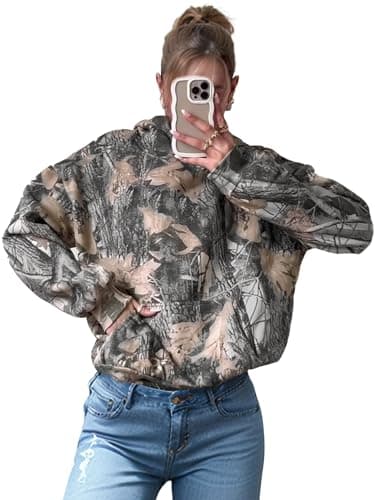 YKR Women's Camo Hoodie with Maple Leaf Print Fleece Pullover Sweater