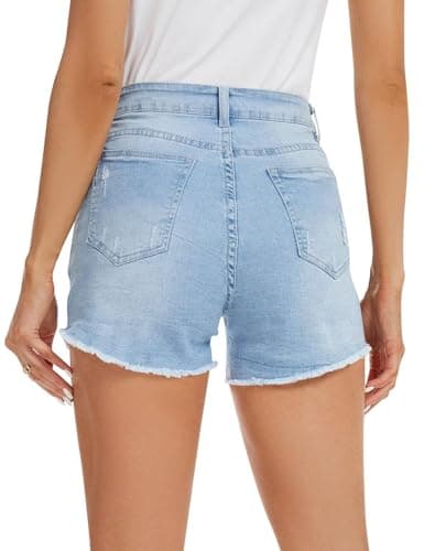 QACOHU Women's Casual Summer Denim Shorts Mid-Waisted Ripped Stretch Jeans