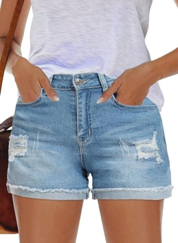 QACOHU Women's Casual Summer Denim Shorts Mid-Waisted Ripped Stretch Jeans
