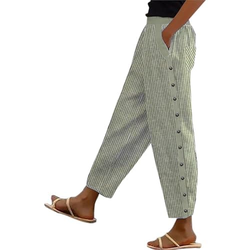 Generic Women's Straight Leg Stripe Cotton Linen Pants