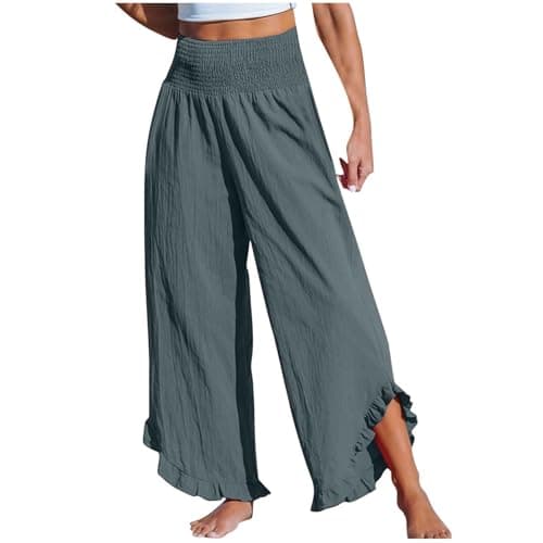 Boho Wide Leg Smocked Waist Linen Pants for Summer Vacation