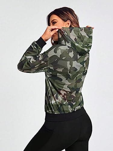 Milumia Women's Camo Sheer Workout Zip-Up Long Sleeve Hoodie