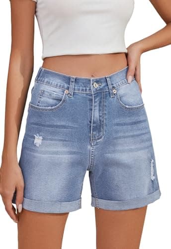 Metietila Women's High-Waisted Folded Hem Stretch Denim Shorts
