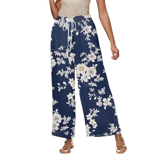 Elastic High Waisted Floral Print Wide Leg Linen Pants with Pockets
