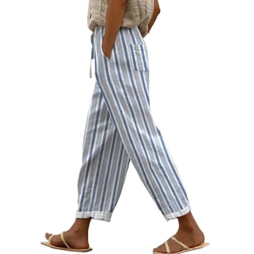 Boho Striped Linen Pants for Women Summer Casual Beach