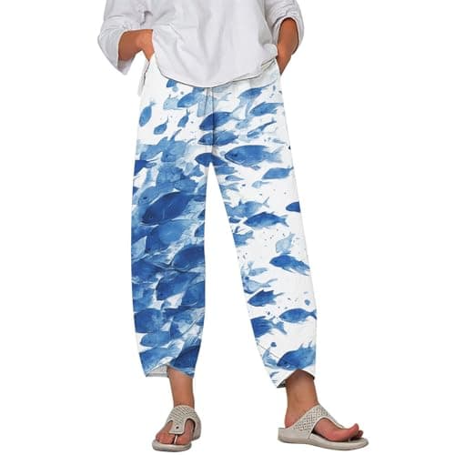 HOTYD Japanese Linen Pants for Women Summer Baggy Capri Trouser with Pockets