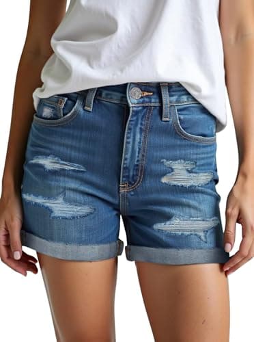 HOCAIES Women's Mid Rise Denim Shorts Folded Hem