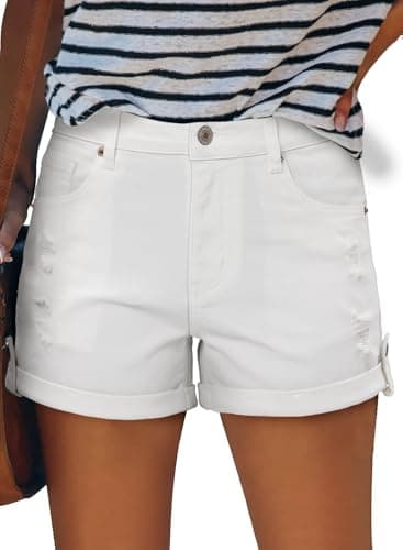 Angerella Women's Mid Rise Ripped Denim Shorts Stretchy Folded Hem