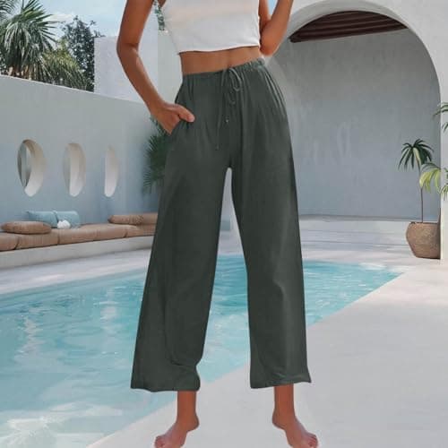 Yxzogd Women's Wide Leg Linen Pants with Pockets High Waist Drawstring Casual Fit