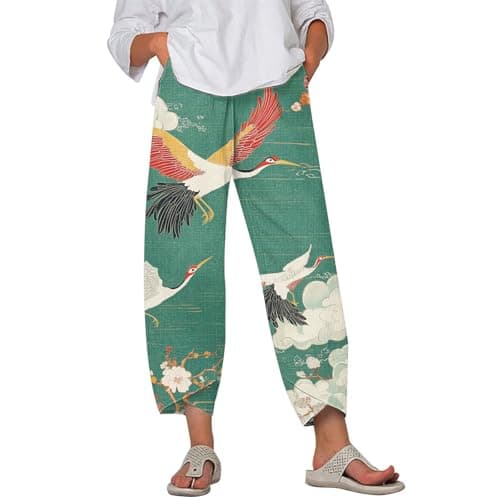 HOTYD Japanese Linen Pants for Women Summer Baggy Capri Trouser with Pockets