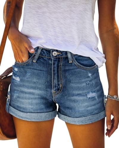 Angerella Women's Mid Rise Ripped Denim Shorts Stretchy Folded Hem