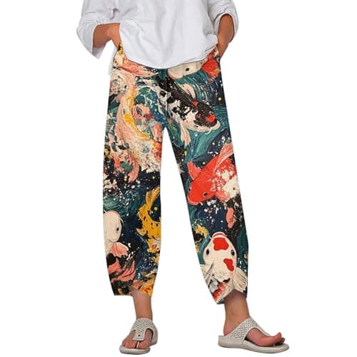 HOTYD Japanese Linen Pants for Women Summer Baggy Capri Trouser with Pockets
