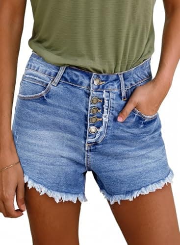 Sidefeel Women's High-Waisted Stretch Raw Hem Denim Shorts