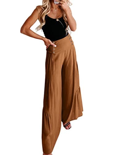 Womens Cotton Palazzo Wide Leg Pants with Pockets and Belt