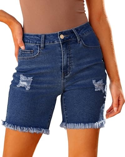 Luvamia Women's High-Waisted Distressed Denim Long Shorts
