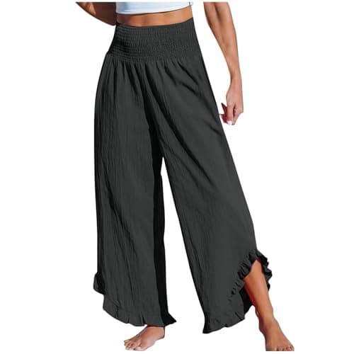 Boho Wide Leg Smocked Waist Linen Pants for Summer Vacation