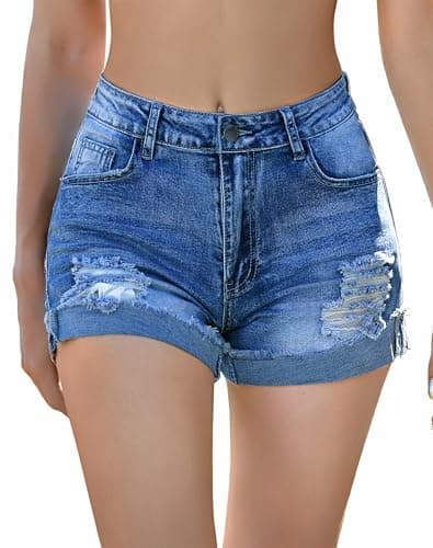 Rosswear Women's Ripped Mid Rise Stretch Denim Shorts