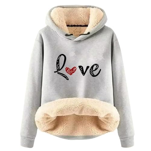Warm Heart Print Fleece Hoodie for Women Winter Casual Pullovers