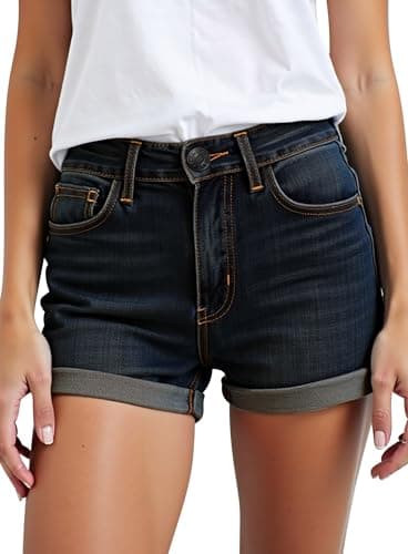 HOCAIES Women's Mid Rise Denim Shorts Folded Hem