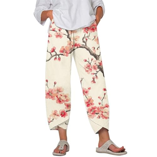HOTYD Japanese Linen Pants for Women Summer Baggy Capri Trouser with Pockets