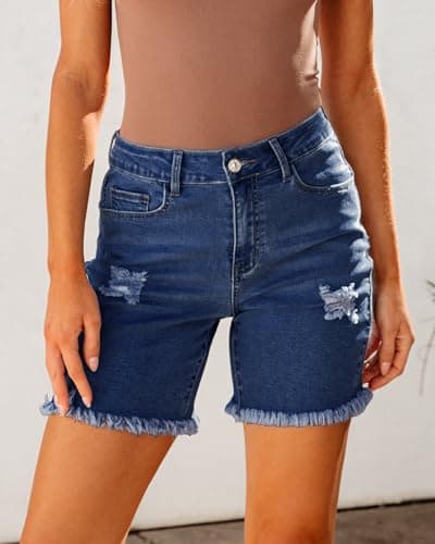Luvamia Women's High-Waisted Distressed Denim Long Shorts