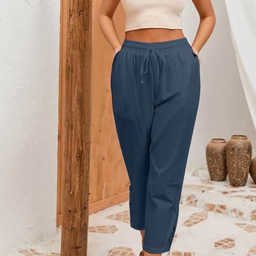 Yxzogd Women's Boho High Rise Cropped Cotton Linen Pants