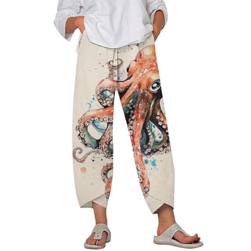 HOTYD Japanese Linen Pants for Women Summer Baggy Capri Trouser with Pockets