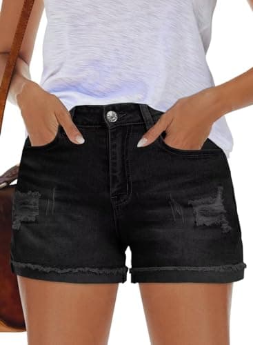 QACOHU Women's Casual Summer Denim Shorts Mid-Waisted Ripped Stretch Jeans