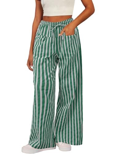 Acelitt Women's Casual Elastic Waist Striped Wide Leg Pants with Pockets, S-XXL