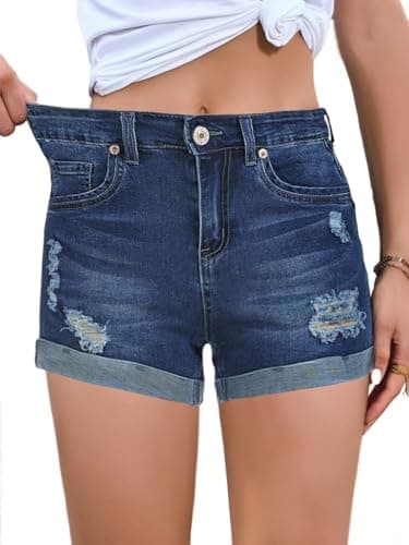 FEKOAFE 2025 Women's Summer Mid/High-Waisted Ripped Denim Shorts