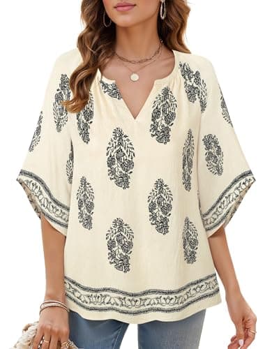 Bebonnie Women's Bohemian 3/4 Sleeve V-Neck Tunic Tops