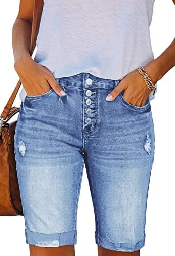 HUUSA Women's High Waist Ripped Denim Mid-Thigh Shorts with Pocket