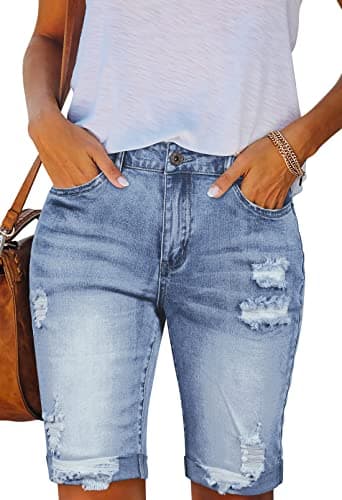 HUUSA Women's High Waist Ripped Denim Mid-Thigh Shorts with Pocket