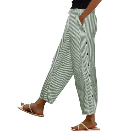 Generic Women's Straight Leg Stripe Cotton Linen Pants