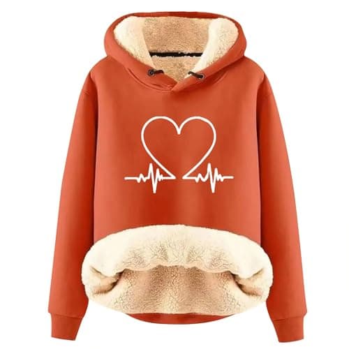Warm Heart Print Fleece Hoodie for Women Winter Casual Pullovers