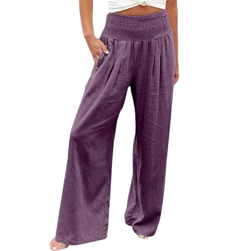 GOKKILRW Women's Linen Palazzo Pants Wide Leg High Waist Boho Summer Travel Trouser