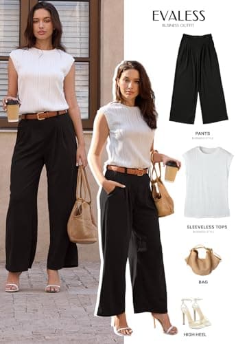 EVALESS Women's High Waisted Wide Leg Waffle Knit Palazzo Pants with Pockets