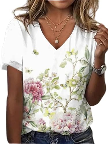 Akivide Boho Floral V-Neck Summer Tunic Shirt Plus Size