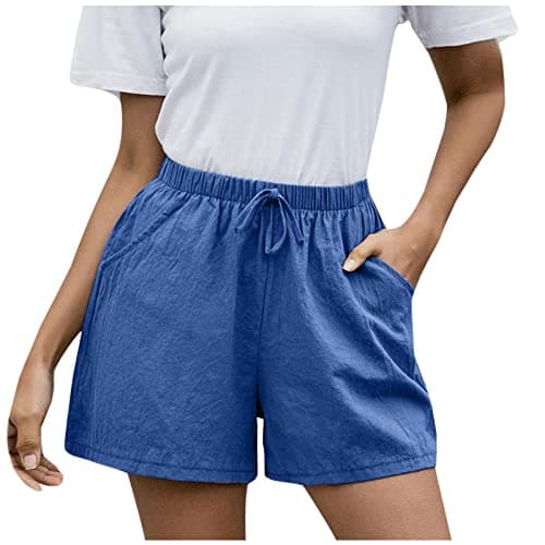 Sktremeuru High-Waisted Linen Shorts for Women Elastic Waist Drawstring Wide Leg Summer Fashion