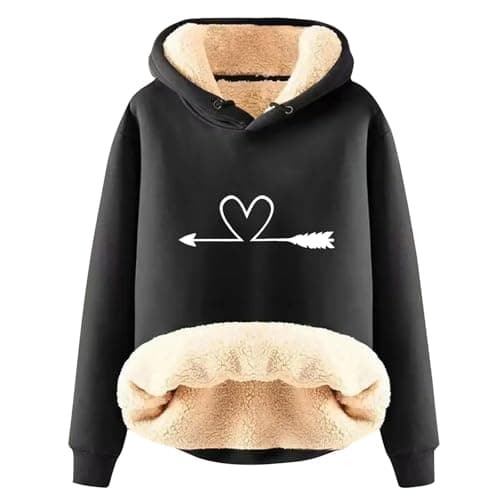 Warm Heart Print Fleece Hoodie for Women Winter Casual Pullovers