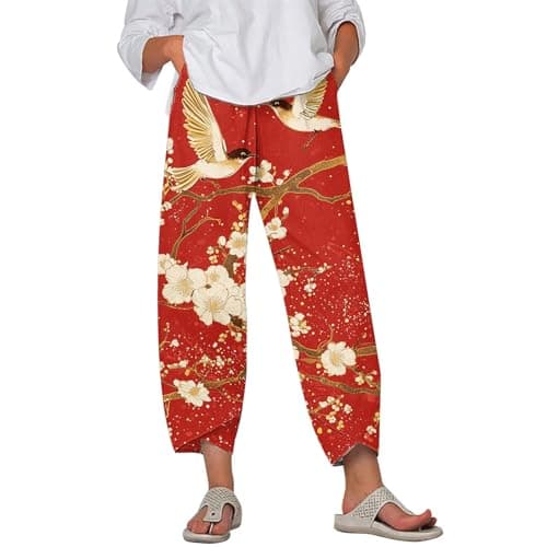 HOTYD Japanese Linen Pants for Women Summer Baggy Capri Trouser with Pockets