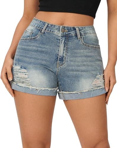 Rosswear Women's Ripped Mid Rise Stretch Denim Shorts
