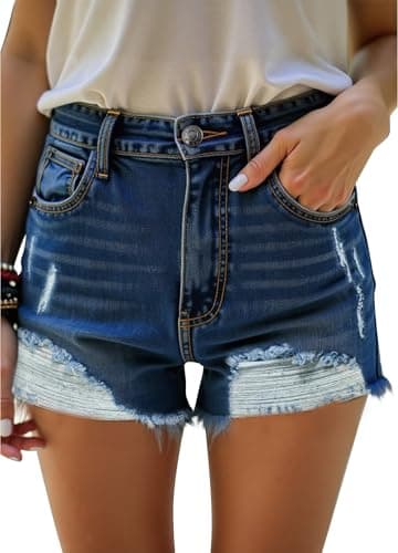 HOCAIES Women's Mid Rise Denim Shorts Folded Hem