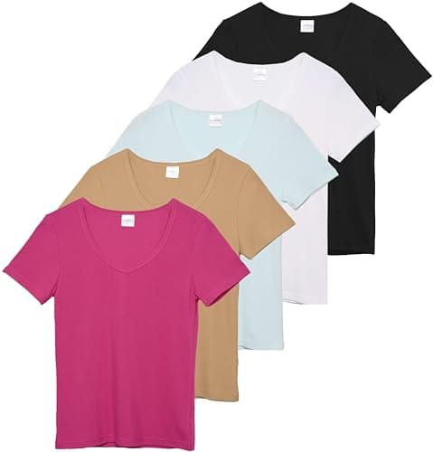 Real Essentials 5 Pack Women's Soft Ribbed V-Neck Tee Summer Shirt