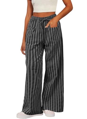 Acelitt Women's Casual Elastic Waist Striped Wide Leg Pants with Pockets, S-XXL