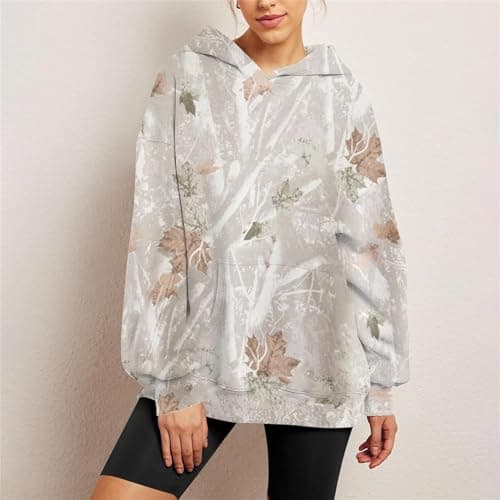 Hudenrtv Women's Camo Hoodie with Maple Leaf Print Fleece Sweatshirt