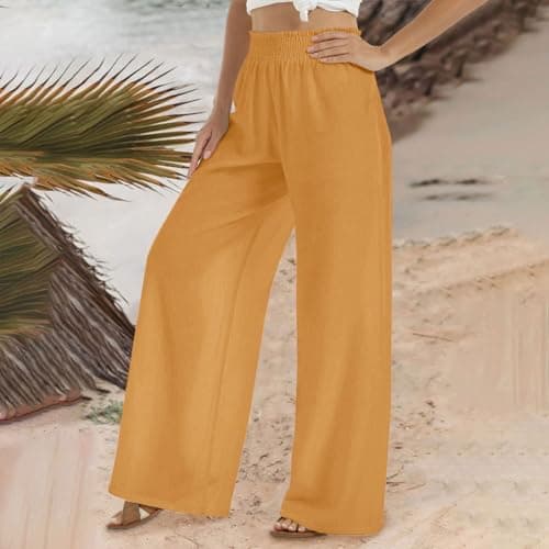 DASAYO Smocked High-Waisted Linen Palazzo Pants with Pockets