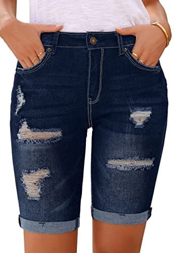 Metietila Women's Ripped Mid-Rise Denim Bermuda Shorts