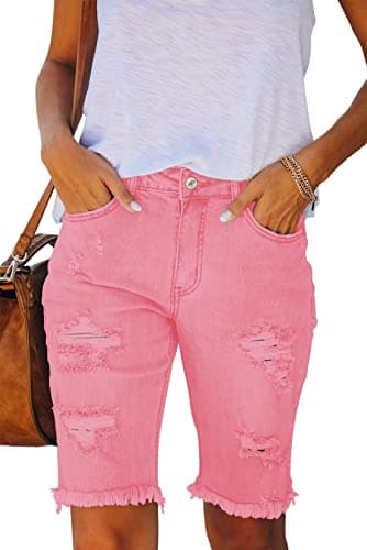 Metietila Women's Ripped Mid-Rise Denim Bermuda Shorts